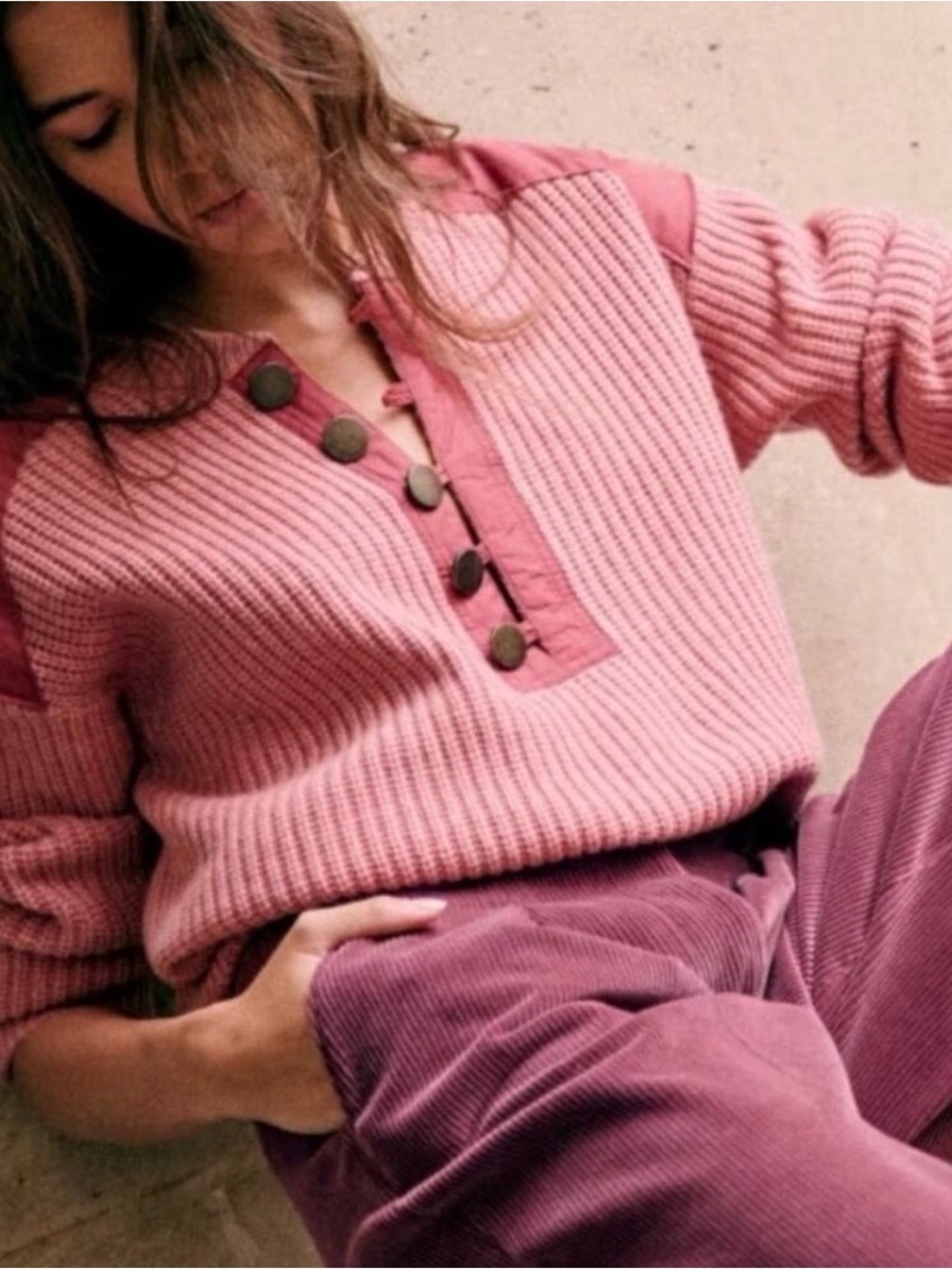 Sézane Ewan Jumper Pink Wool Blend Knit Sweater L Contrast Shoulder Buttons